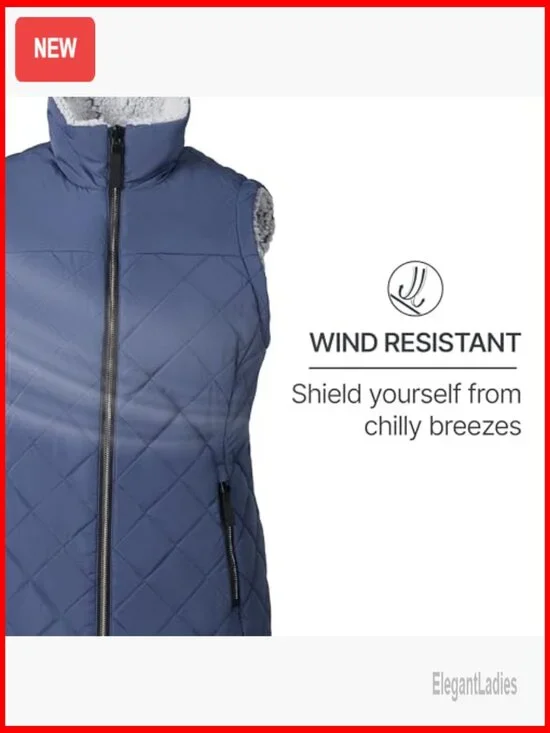 Reversible Puffer Sherpa Vest Lightweight Wind Resistant Zip Pockets - Picture 4 of 7